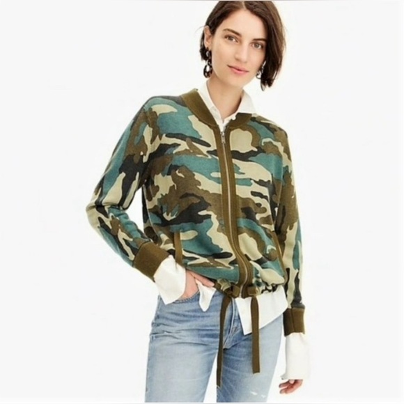 J. Crew Jackets & Blazers - J. Crew Knit Camo Print Zip Front Bomber Jacket Olive Green Women’s Medium